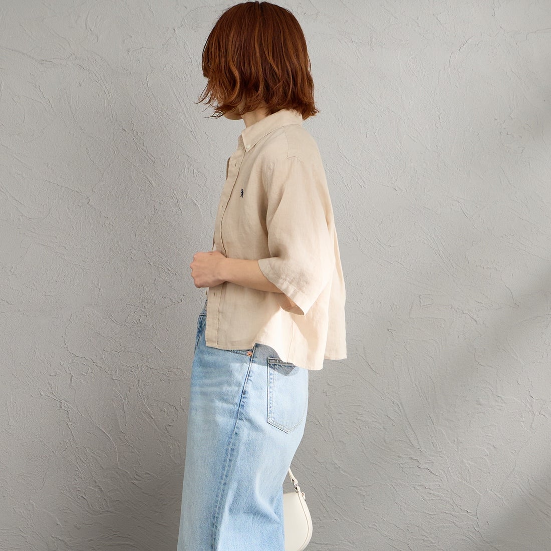 Gymphlex [ジムフレックス] ショートスリーブ リネンボタンダウンシャツ [GY-B0367SKC] BEIGE &&モデル身長：158cm 着用サイズ：12&&