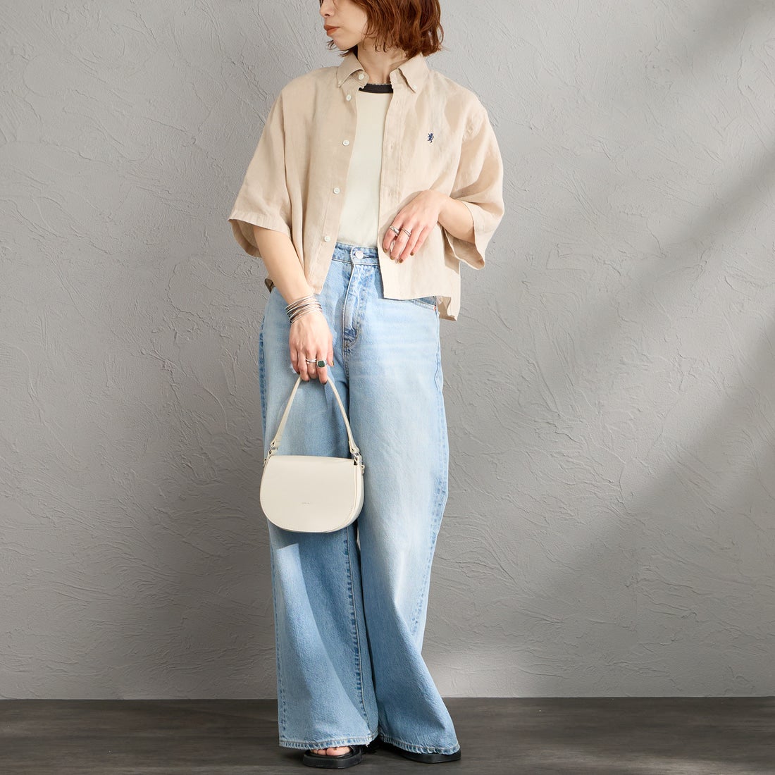 Gymphlex [ジムフレックス] ショートスリーブ リネンボタンダウンシャツ [GY-B0367SKC] BEIGE &&モデル身長：158cm 着用サイズ：12&&