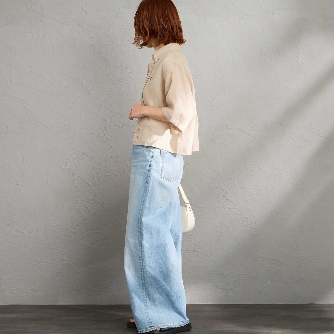 Gymphlex [ジムフレックス] ショートスリーブ リネンボタンダウンシャツ [GY-B0367SKC] BEIGE &&モデル身長：158cm 着用サイズ：12&&
