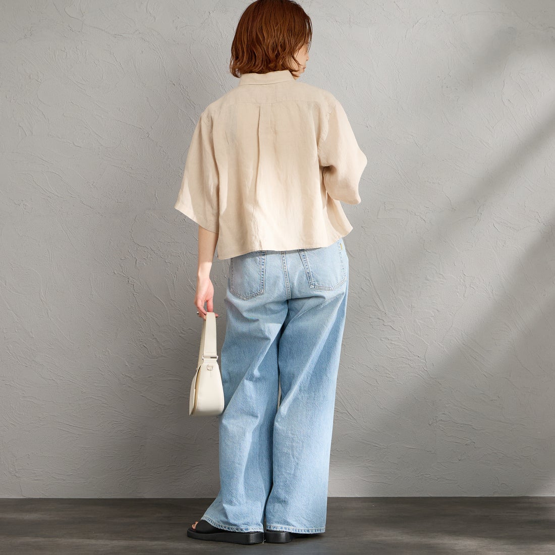 Gymphlex [ジムフレックス] ショートスリーブ リネンボタンダウンシャツ [GY-B0367SKC] BEIGE &&モデル身長：158cm 着用サイズ：12&&