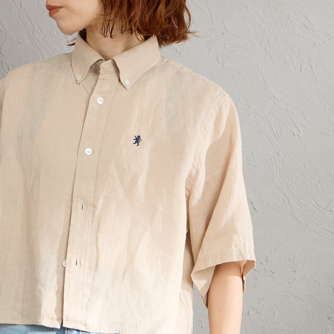 Gymphlex [ジムフレックス] ショートスリーブ リネンボタンダウンシャツ [GY-B0367SKC] BEIGE &&モデル身長：158cm 着用サイズ：12&&