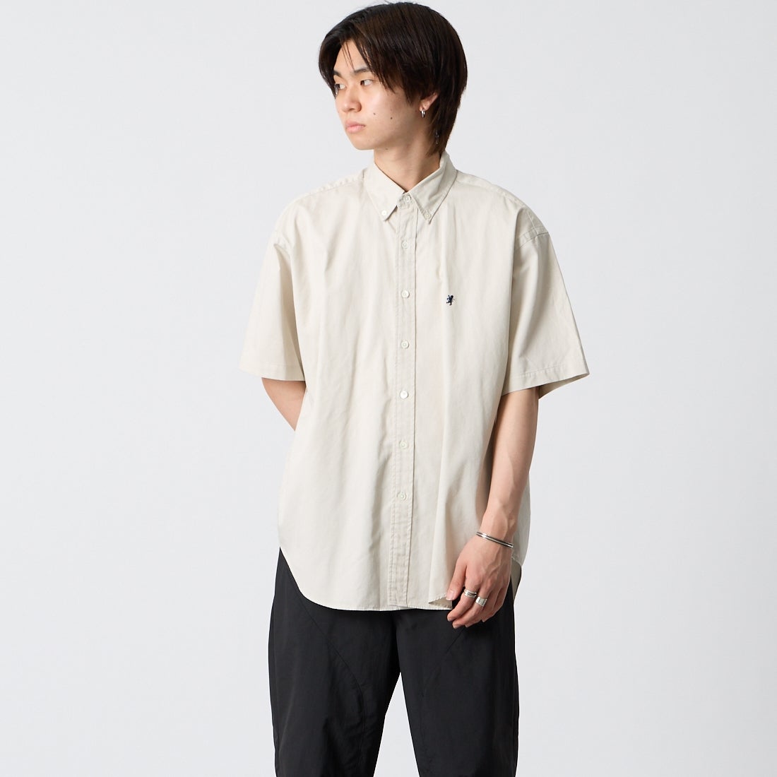 Gymphlex [ジムフレックス] ショートスリーブ ボタンダウンシャツ [GY-B0248BIT] SAND BEIGE &&モデル身長：177cm 着用サイズ：M&&