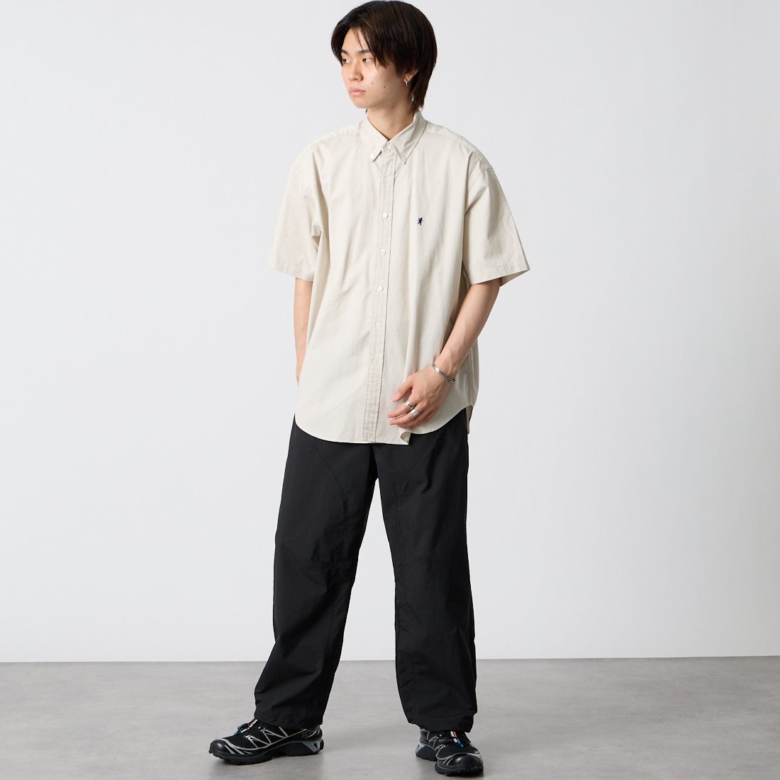 Gymphlex [ジムフレックス] ショートスリーブ ボタンダウンシャツ [GY-B0248BIT] SAND BEIGE &&モデル身長：177cm 着用サイズ：M&&