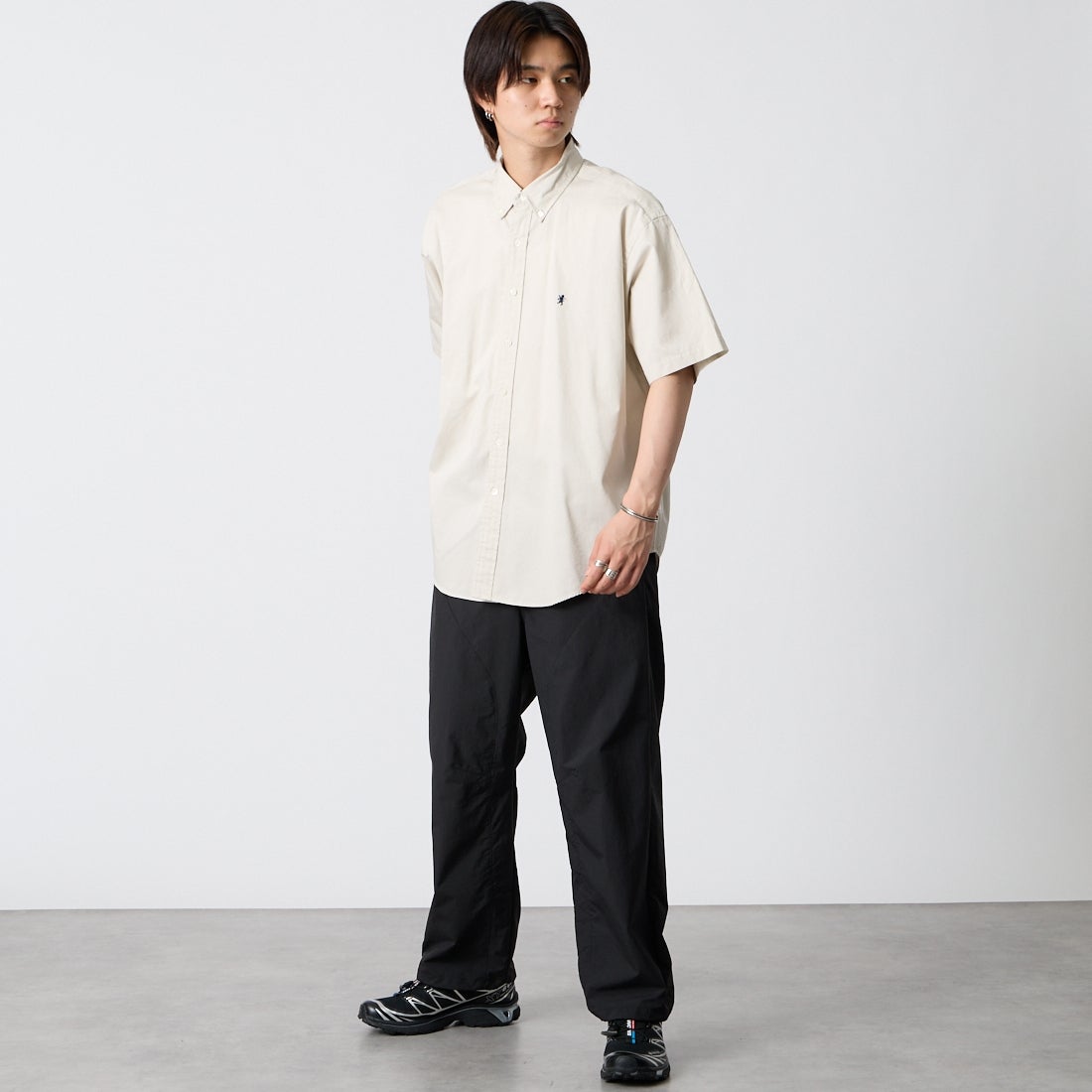 Gymphlex [ジムフレックス] ショートスリーブ ボタンダウンシャツ [GY-B0248BIT] SAND BEIGE &&モデル身長：177cm 着用サイズ：M&&