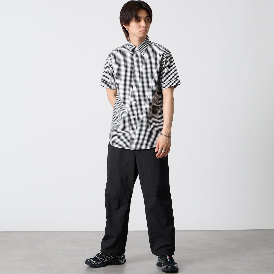 Gymphlex [ジムフレックス] ショートスリーブ ギンガムチェックボタンダウンシャツ [GY-B0244MGG] BK GINGHAM &&モデル身長：177cm 着用サイズ：M&&