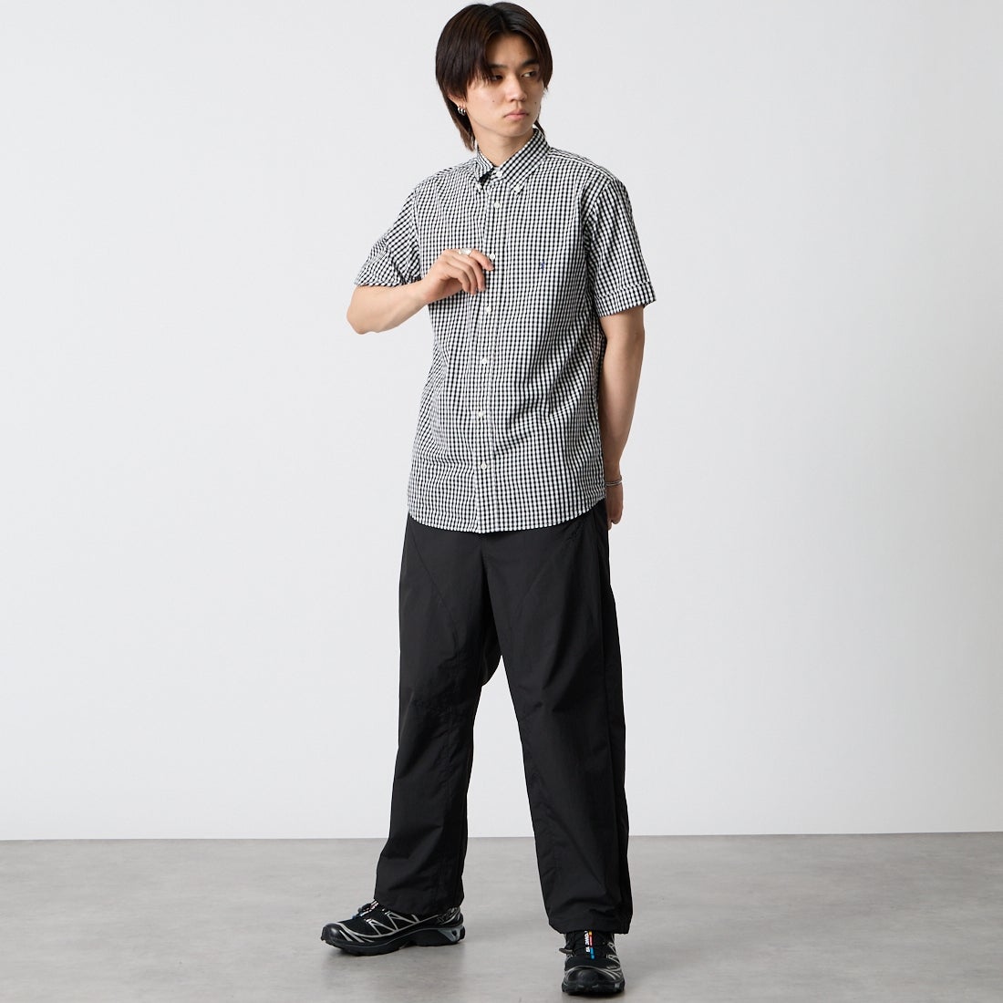 Gymphlex [ジムフレックス] ショートスリーブ ギンガムチェックボタンダウンシャツ [GY-B0244MGG] BK GINGHAM &&モデル身長：177cm 着用サイズ：M&&