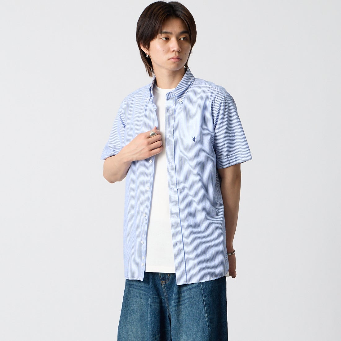 Gymphlex [ジムフレックス] ショートスリーブ ストライプボタンダウンシャツ [GY-B0244MGS] BLU STRIPE &&モデル身長：177cm 着用サイズ：M&&