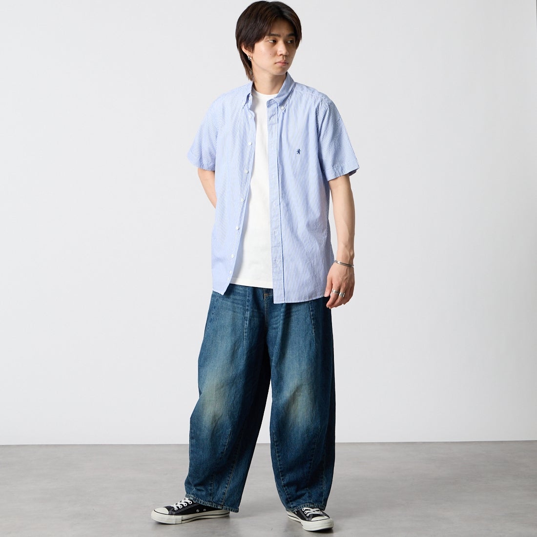 Gymphlex [ジムフレックス] ショートスリーブ ストライプボタンダウンシャツ [GY-B0244MGS] BLU STRIPE &&モデル身長：177cm 着用サイズ：M&&