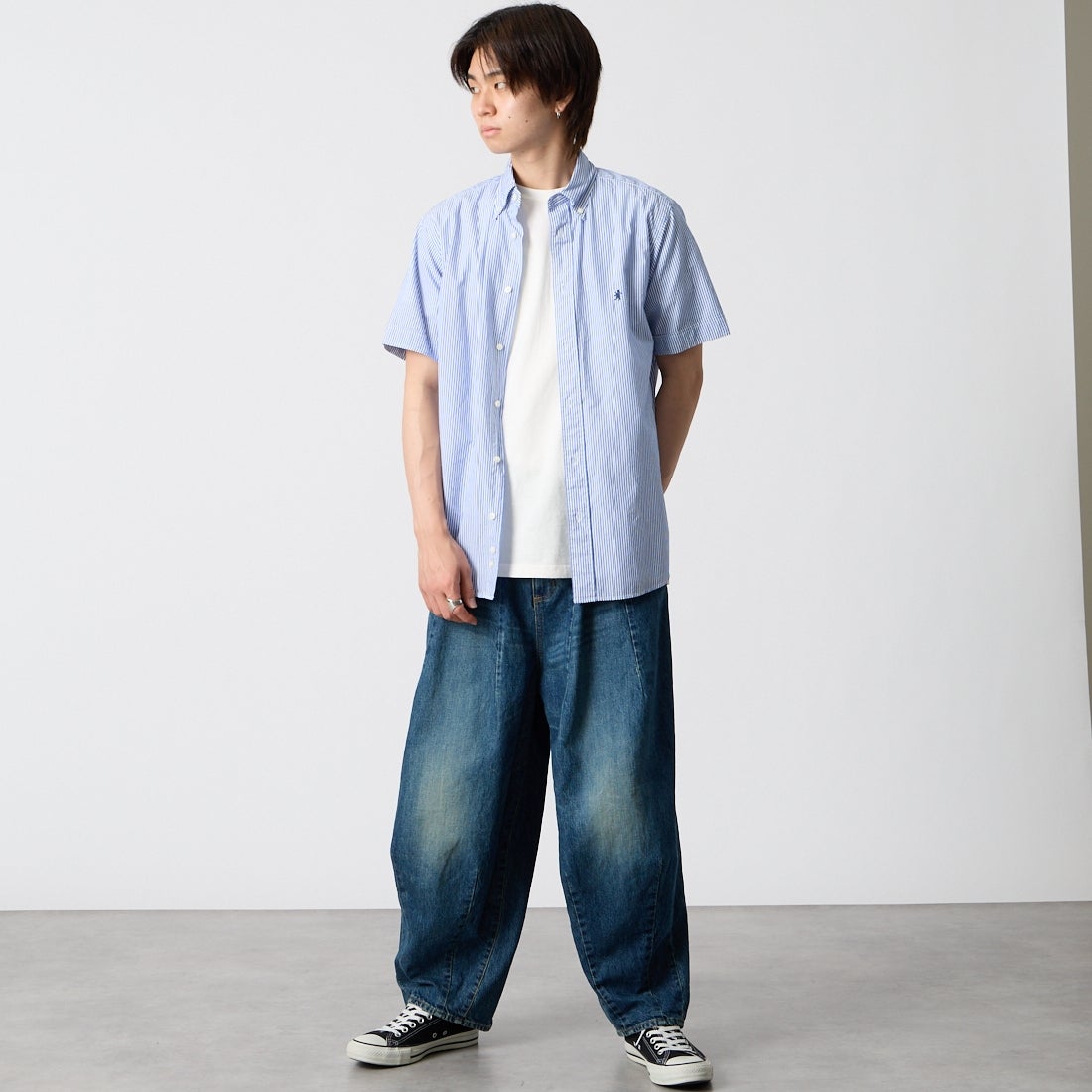 Gymphlex [ジムフレックス] ショートスリーブ ストライプボタンダウンシャツ [GY-B0244MGS] BLU STRIPE &&モデル身長：177cm 着用サイズ：M&&
