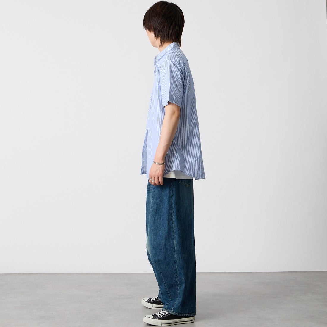 Gymphlex [ジムフレックス] ショートスリーブ ストライプボタンダウンシャツ [GY-B0244MGS] BLU STRIPE &&モデル身長：177cm 着用サイズ：M&&