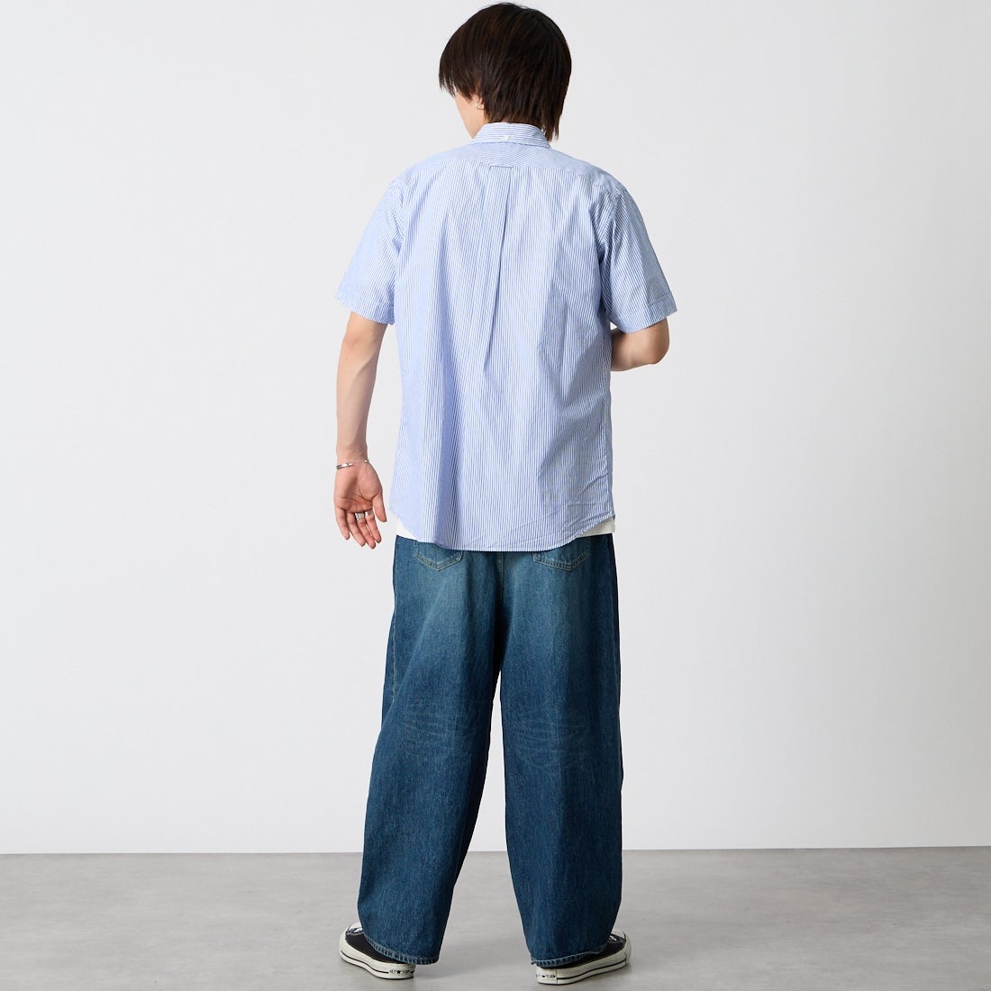 Gymphlex [ジムフレックス] ショートスリーブ ストライプボタンダウンシャツ [GY-B0244MGS] BLU STRIPE &&モデル身長：177cm 着用サイズ：M&&