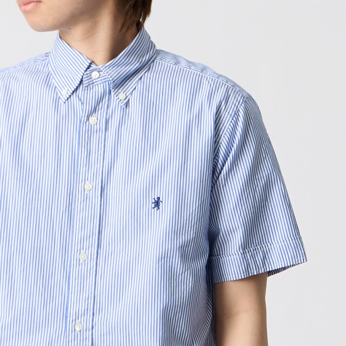 Gymphlex [ジムフレックス] ショートスリーブ ストライプボタンダウンシャツ [GY-B0244MGS] BLU STRIPE &&モデル身長：177cm 着用サイズ：M&&
