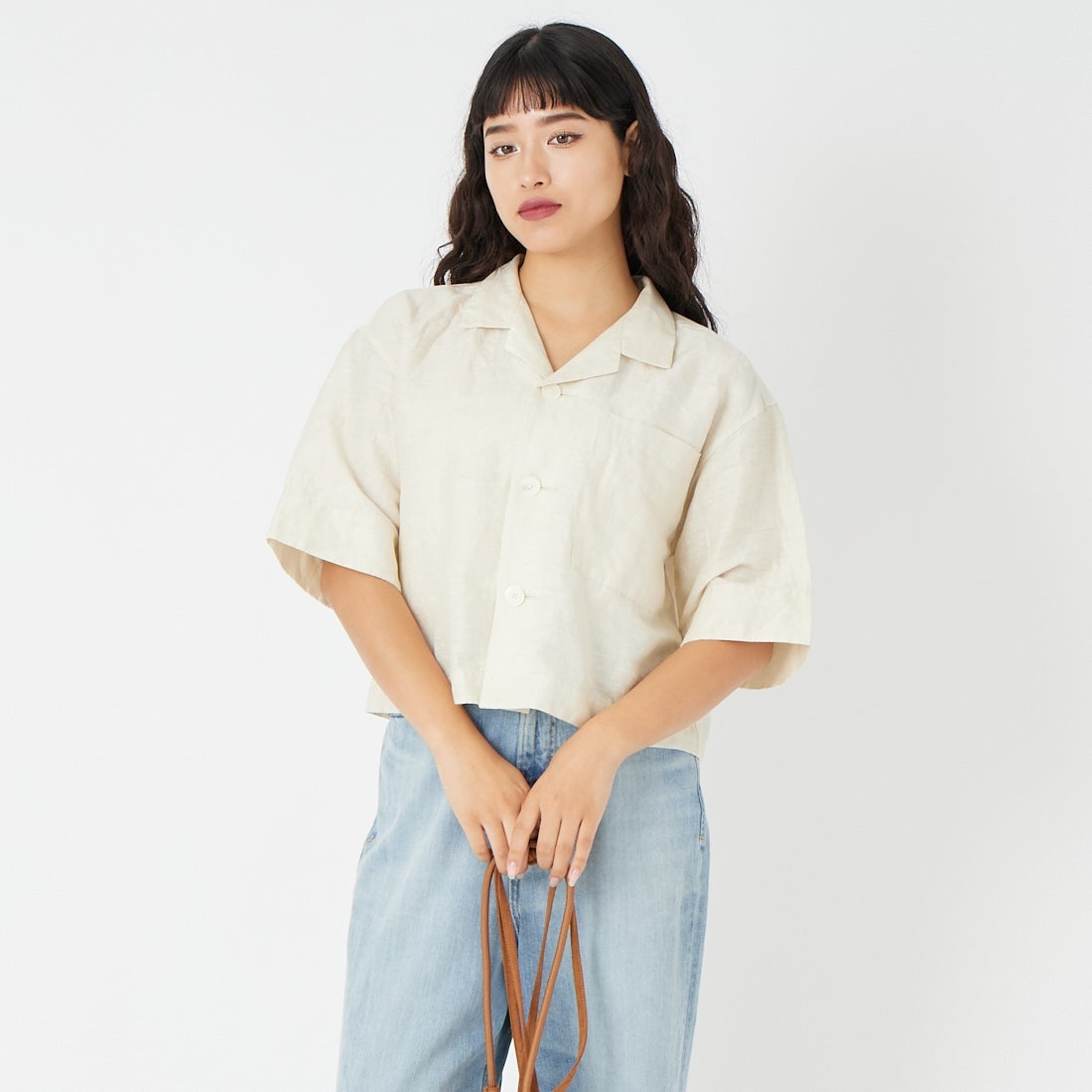 le glazik [ルグラジック] オープンカラーワイドシャツ [LG-B0258LPK] IVORY &&モデル身長：162cm 着用サイズ：36&&