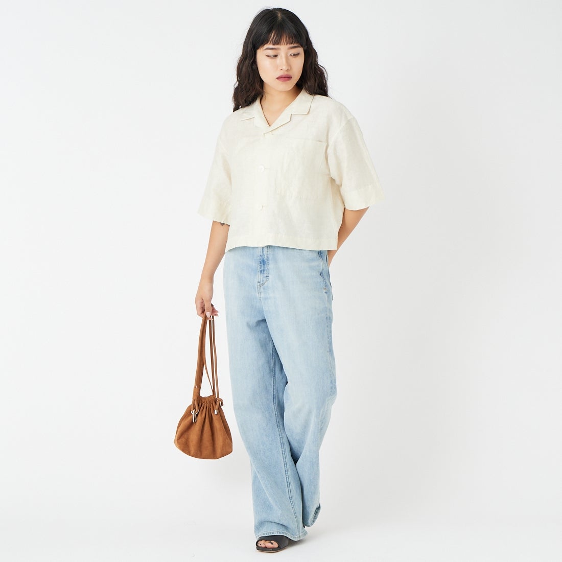 le glazik [ルグラジック] オープンカラーワイドシャツ [LG-B0258LPK] IVORY &&モデル身長：162cm 着用サイズ：36&&