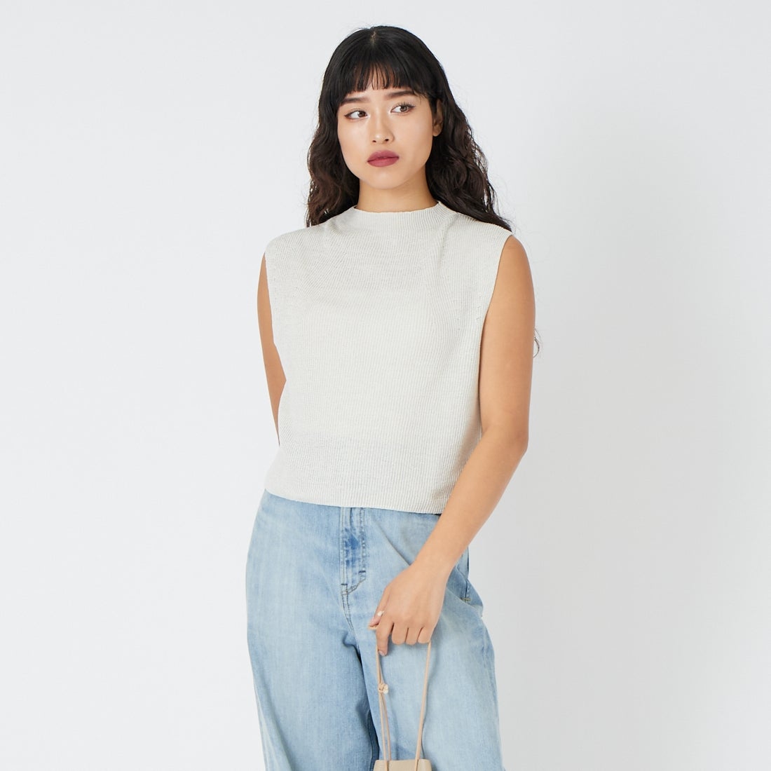 UNFIL [アンフィル] フレンチリネンリブニットベスト [WXSP-UW127] MIST &&モデル身長：162cm 着用サイズ：1&&