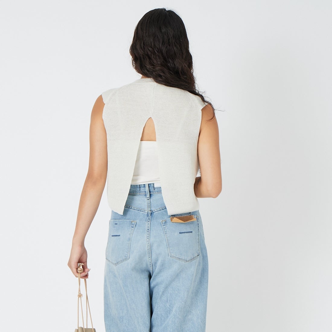 UNFIL [アンフィル] フレンチリネンリブニットベスト [WXSP-UW127] MIST &&モデル身長：162cm 着用サイズ：1&&