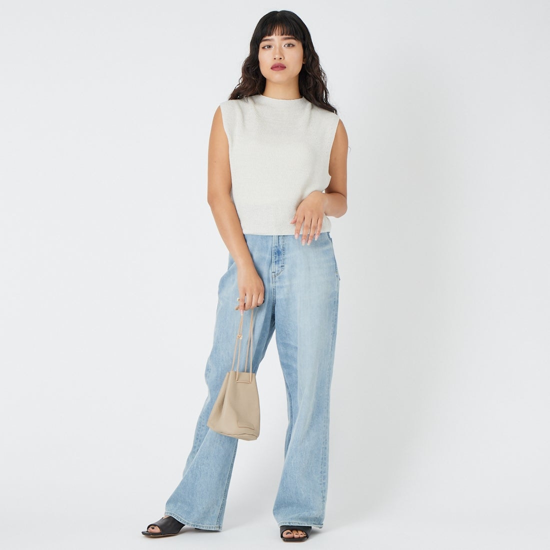 UNFIL [アンフィル] フレンチリネンリブニットベスト [WXSP-UW127] MIST &&モデル身長：162cm 着用サイズ：1&&