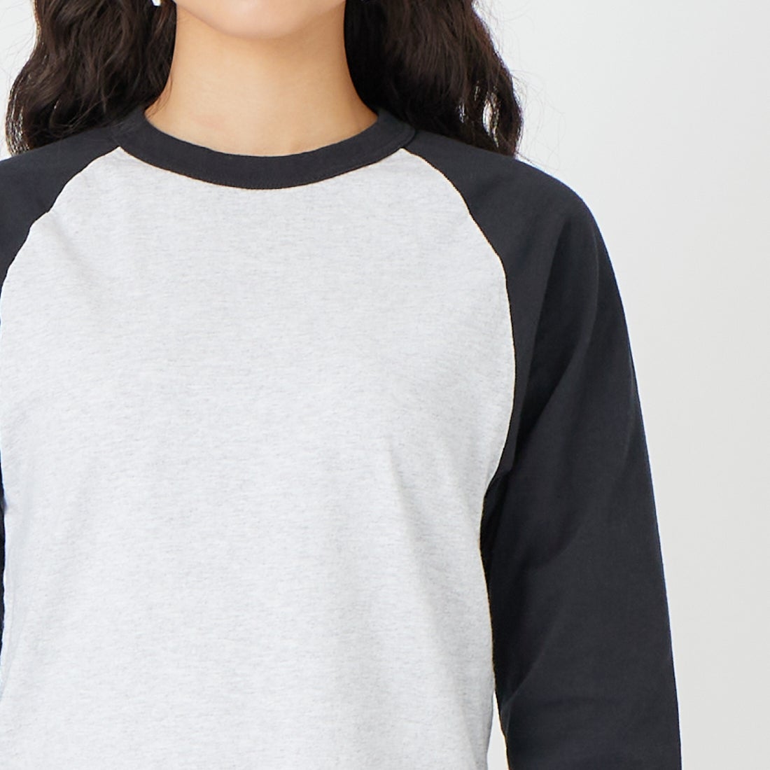 WALLA WALLA SPORT [ワラワラスポーツ] 7分袖2トーンベースボールTシャツ [3-4-BASEBALL-TEE-ASH] ASH/BLK &&モデル身長：162cm 着用サイズ：S&&