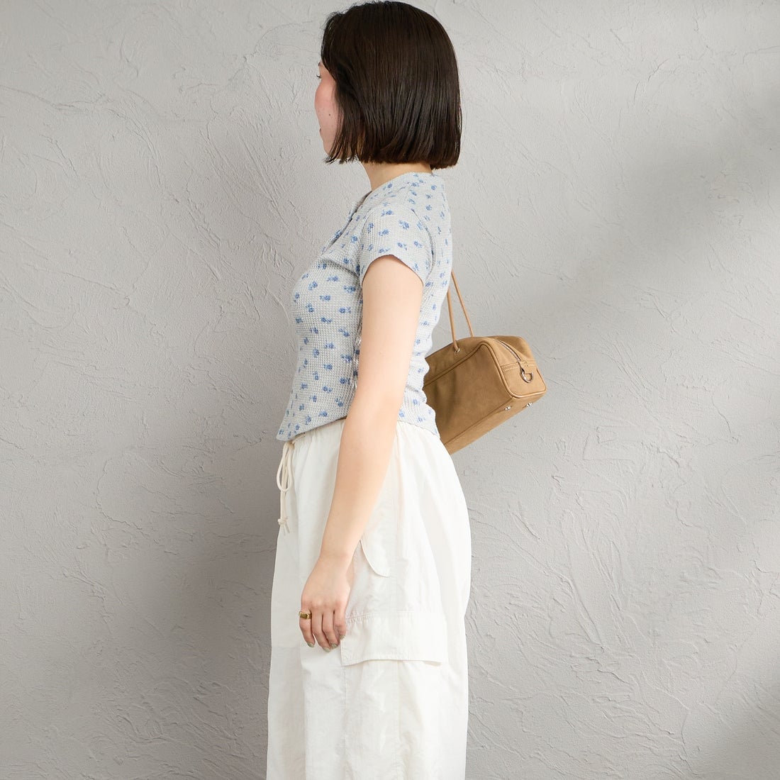 JE MORGAN [ジェイイーモーガン] 別注 ワッフル ヘンリーネックTシャツ [JG120-29S-JF] 14 GREY &&モデル身長：160cm 着用サイズ：F&&