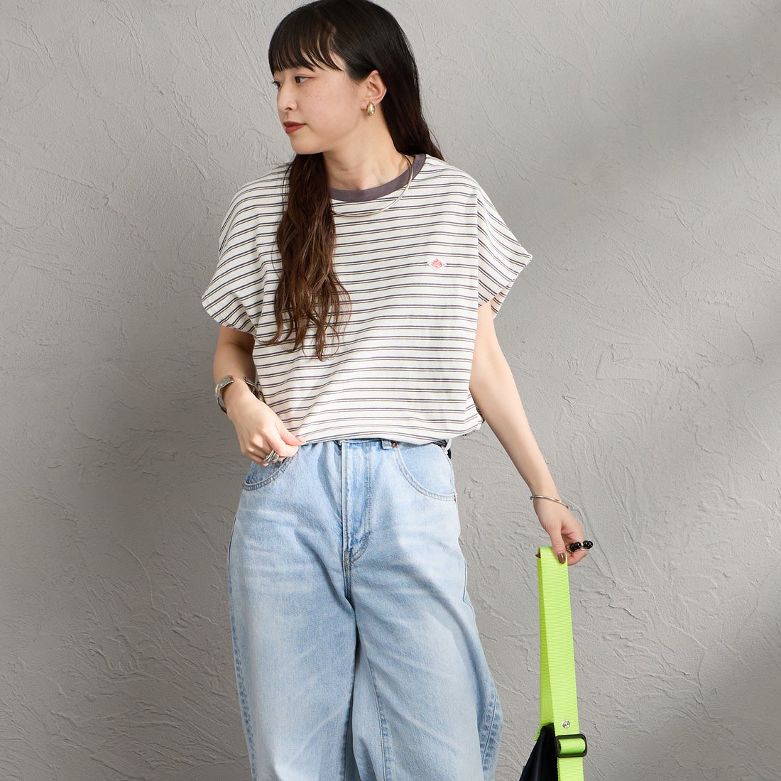 DANTON [ダントン] ドルマンスリーブ ストライプTシャツ [DT-C0403CJJ] ECR/DK.BEG &&モデル身長：150cm 着用サイズ：S&&