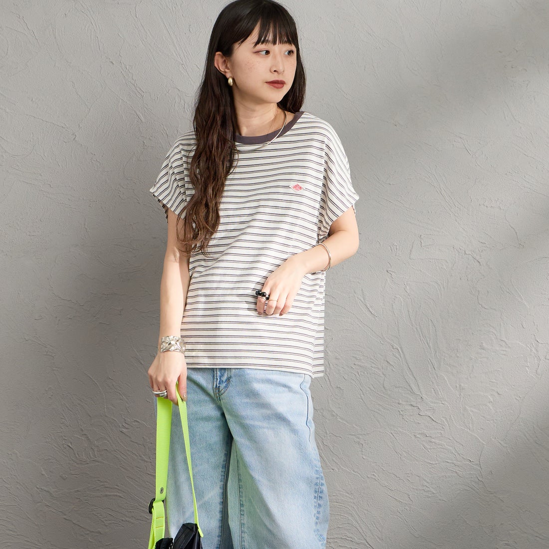DANTON [ダントン] ドルマンスリーブ ストライプTシャツ [DT-C0403CJJ] ECR/DK.BEG &&モデル身長：150cm 着用サイズ：S&&