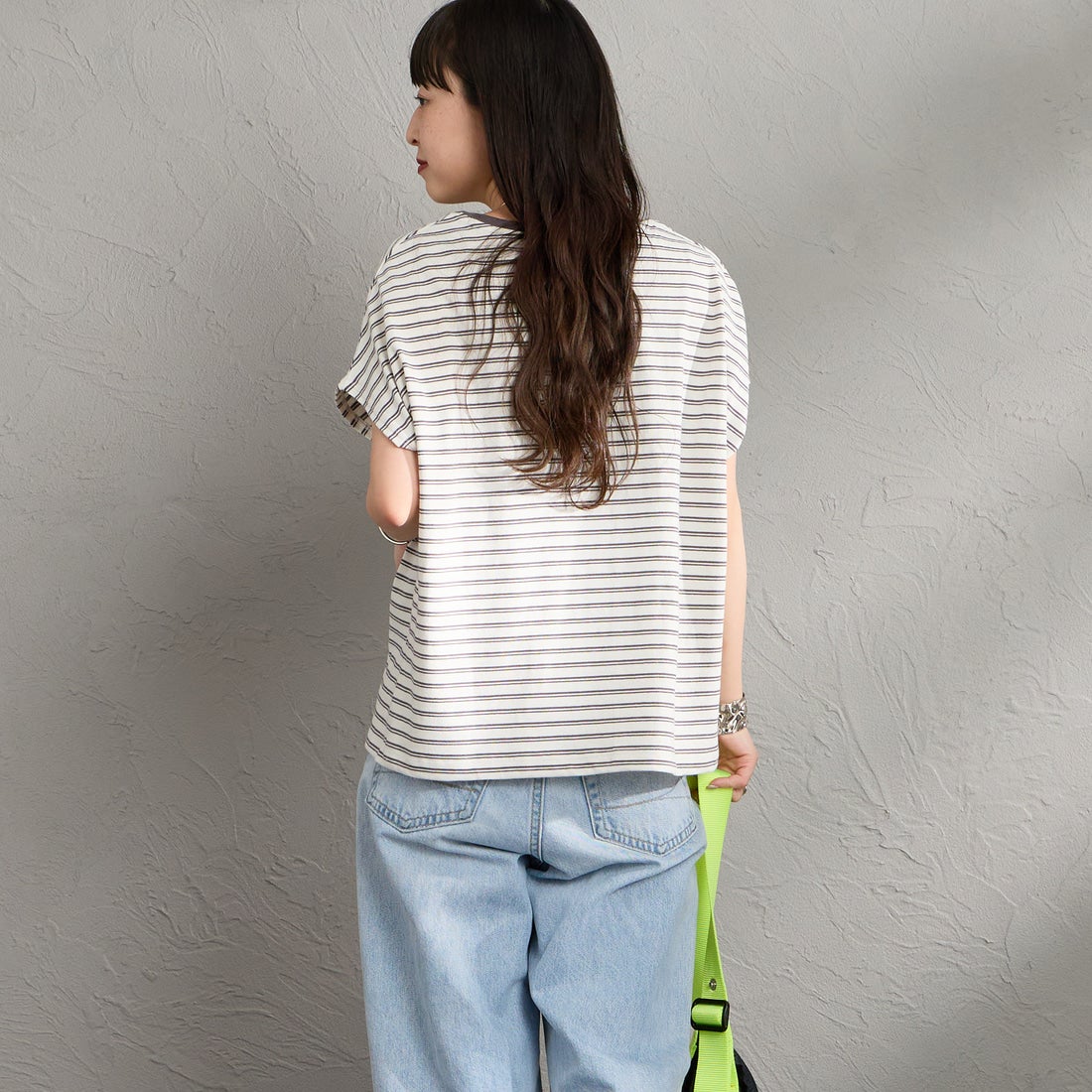 DANTON [ダントン] ドルマンスリーブ ストライプTシャツ [DT-C0403CJJ] ECR/DK.BEG &&モデル身長：150cm 着用サイズ：S&&