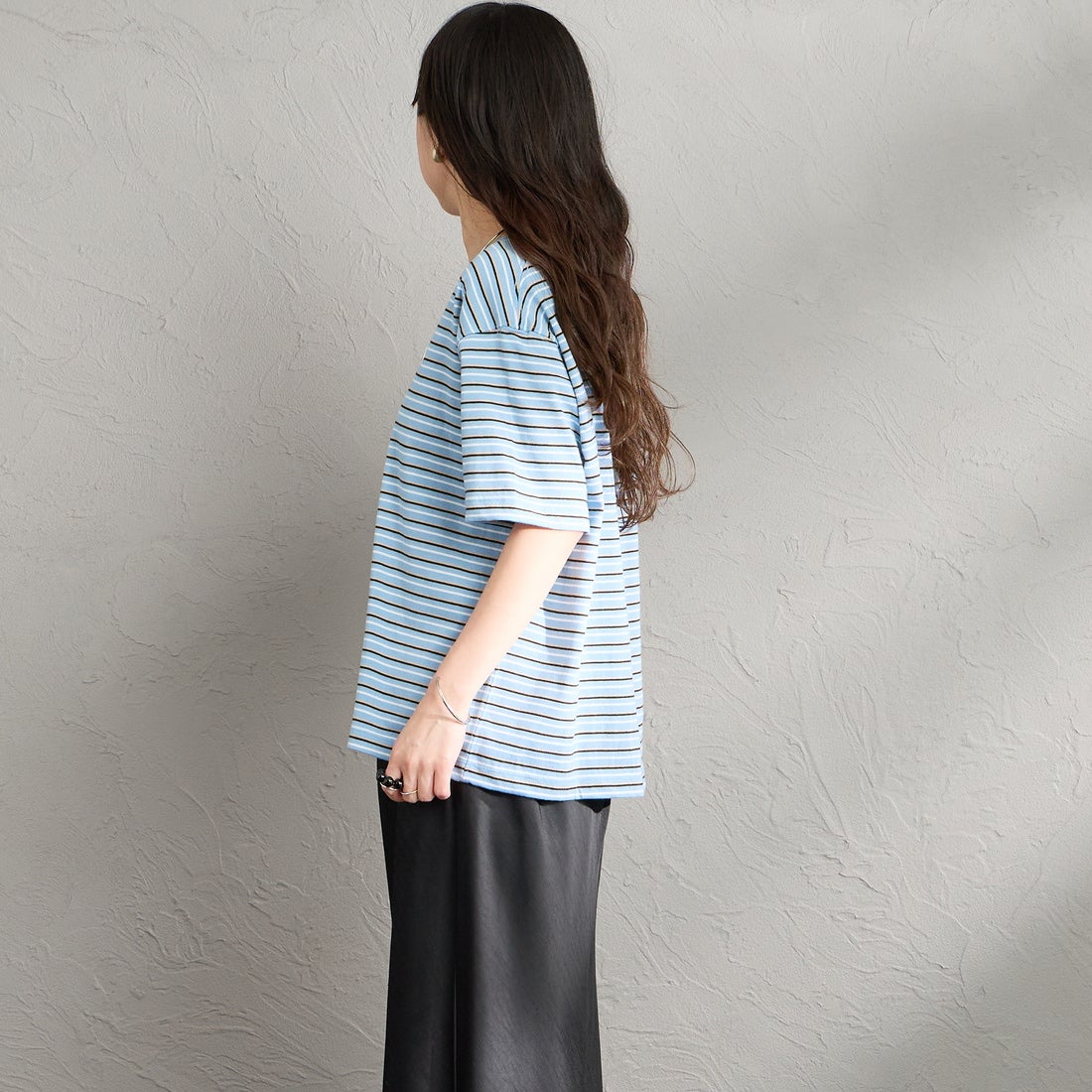 DANTON [ダントン] ショート丈 ストライプ半袖Tシャツ [DT-C0404CJJ] BLU/ORANGE &&モデル身長：150cm 着用サイズ：S&&