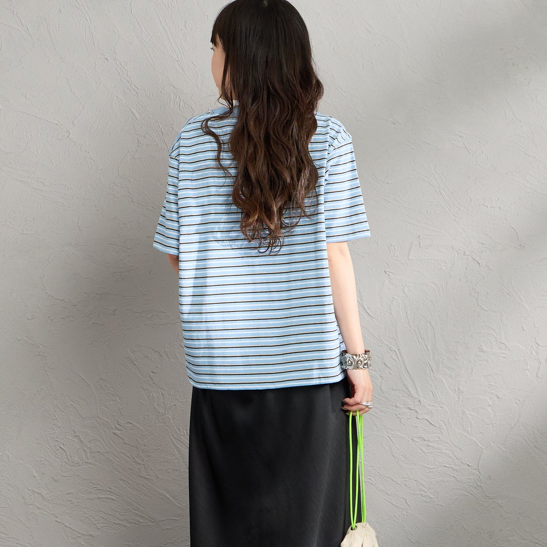 DANTON [ダントン] ショート丈 ストライプ半袖Tシャツ [DT-C0404CJJ] BLU/ORANGE &&モデル身長：150cm 着用サイズ：S&&