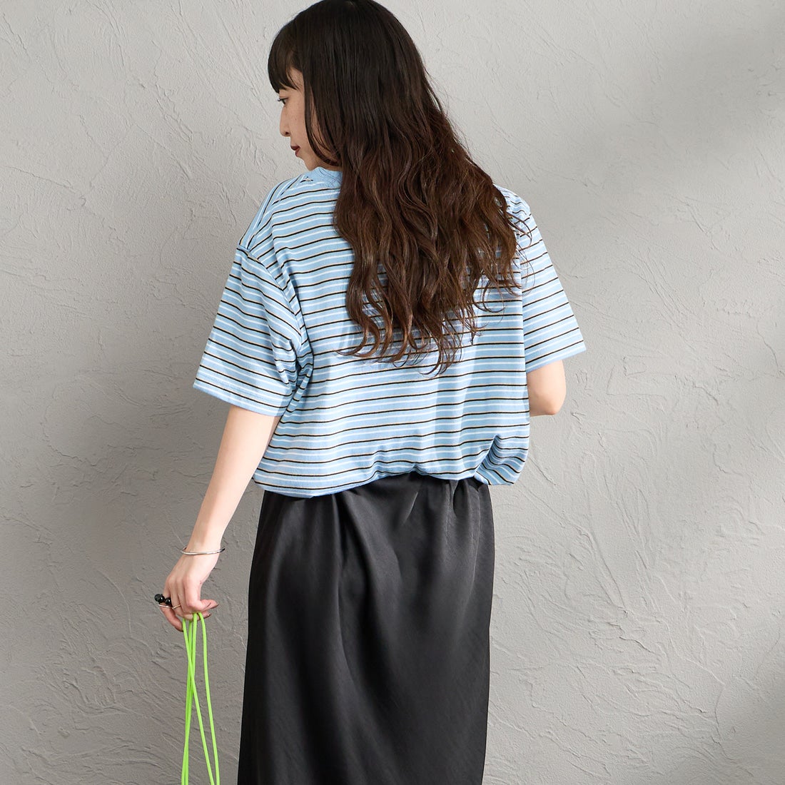 DANTON [ダントン] ショート丈 ストライプ半袖Tシャツ [DT-C0404CJJ] BLU/ORANGE &&モデル身長：150cm 着用サイズ：S&&