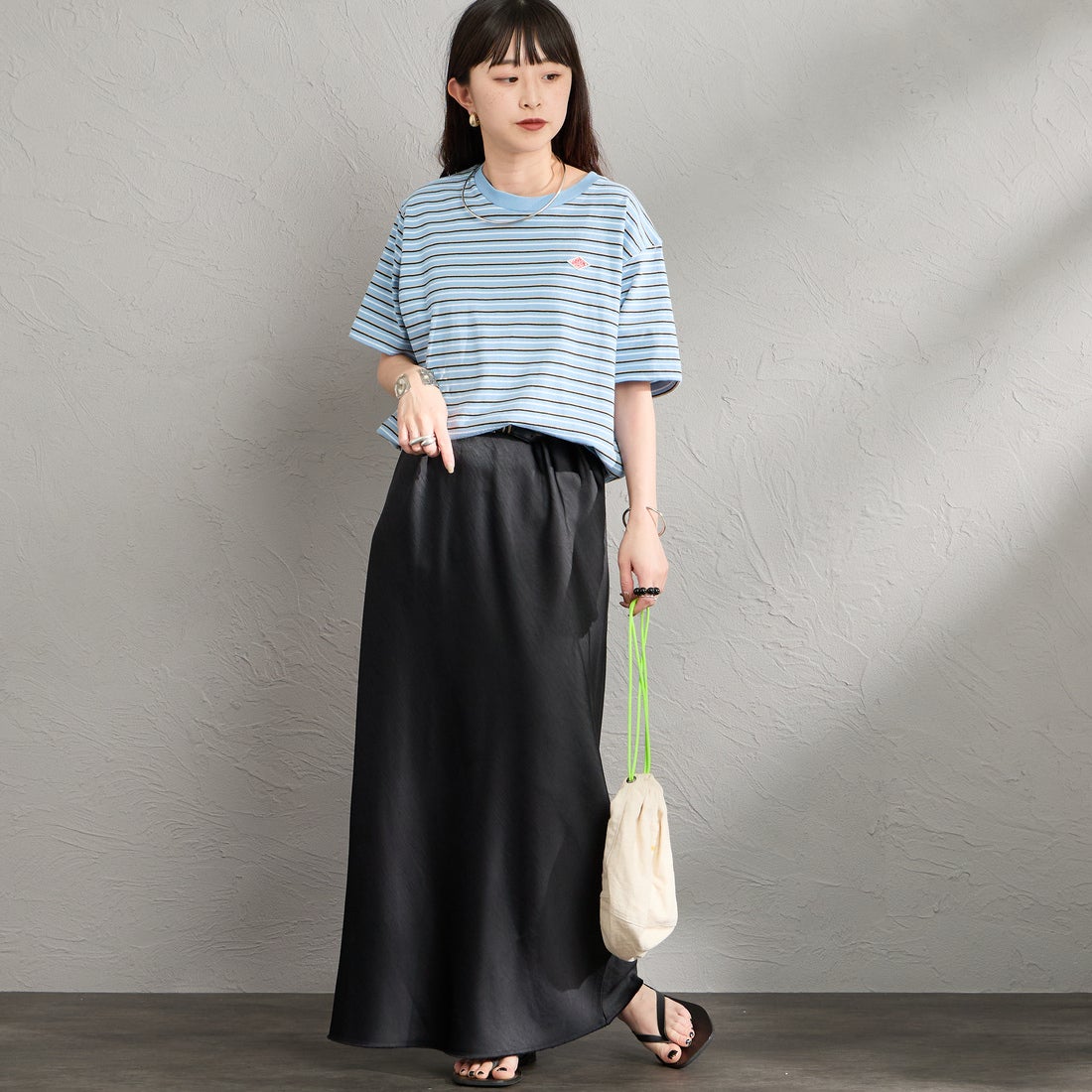 DANTON [ダントン] ショート丈 ストライプ半袖Tシャツ [DT-C0404CJJ] BLU/ORANGE &&モデル身長：150cm 着用サイズ：S&&