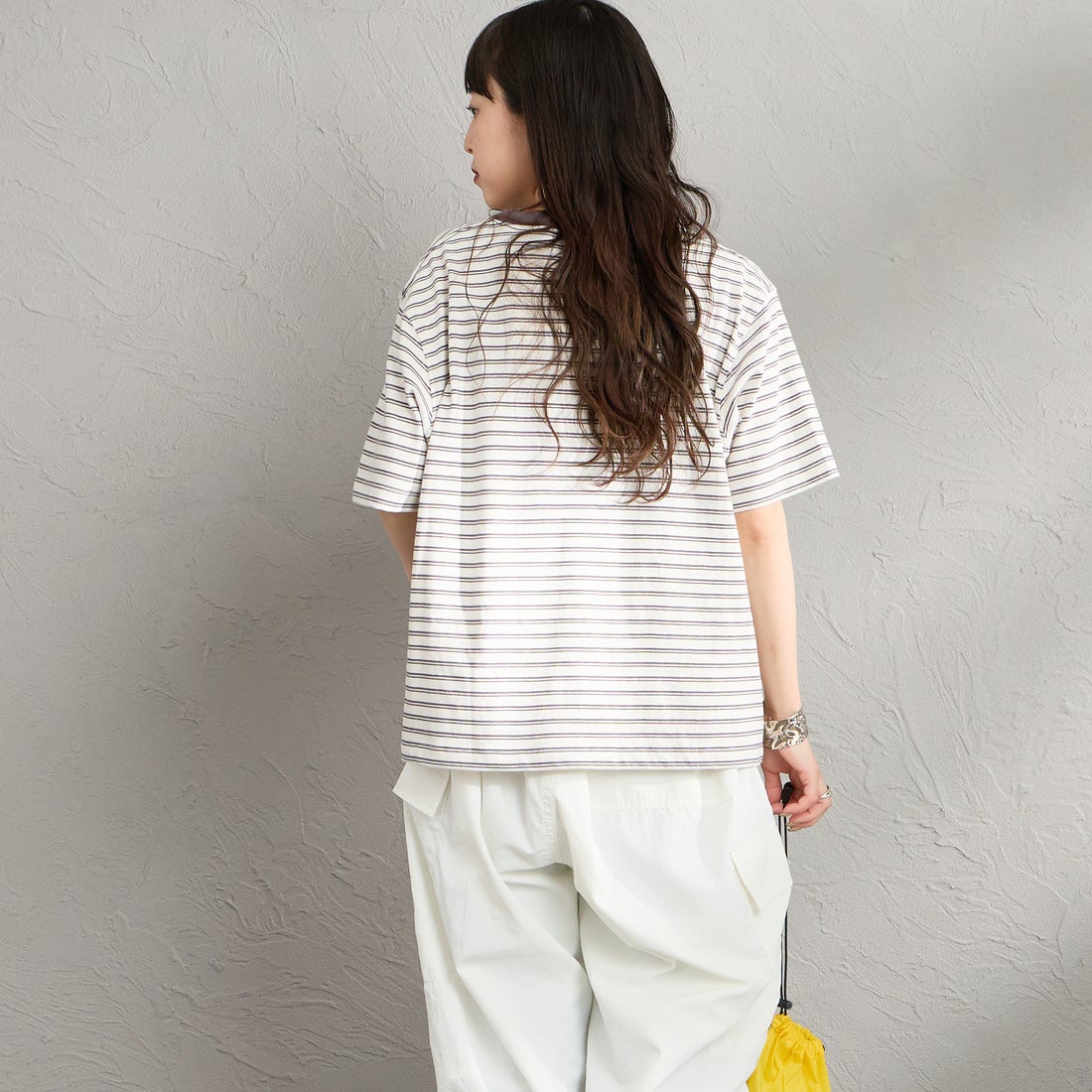 DANTON [ダントン] ショート丈 ストライプ半袖Tシャツ [DT-C0404CJJ] ECR/DK.BEG &&モデル身長：150cm 着用サイズ：S&&