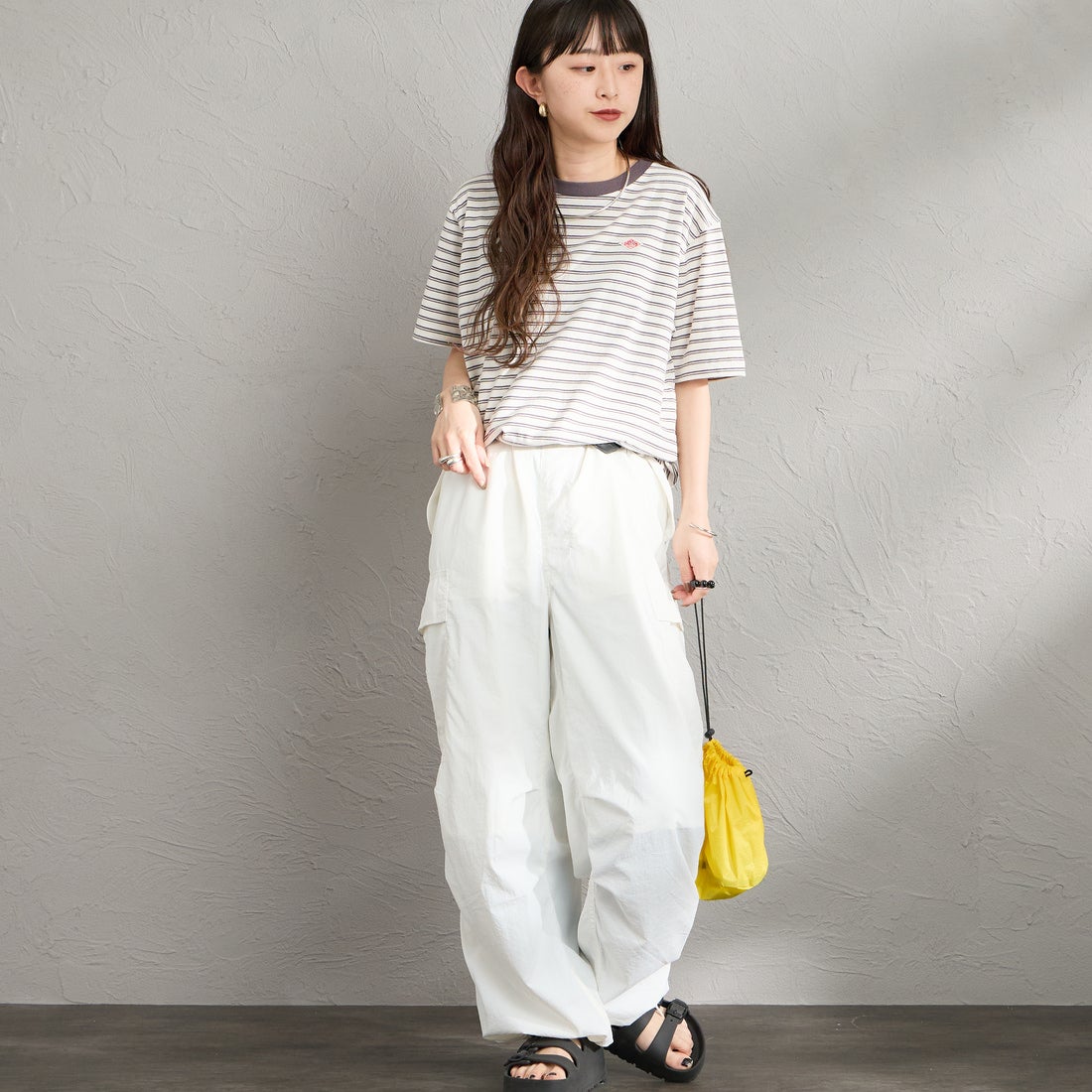 DANTON [ダントン] ショート丈 ストライプ半袖Tシャツ [DT-C0404CJJ] ECR/DK.BEG &&モデル身長：150cm 着用サイズ：S&&