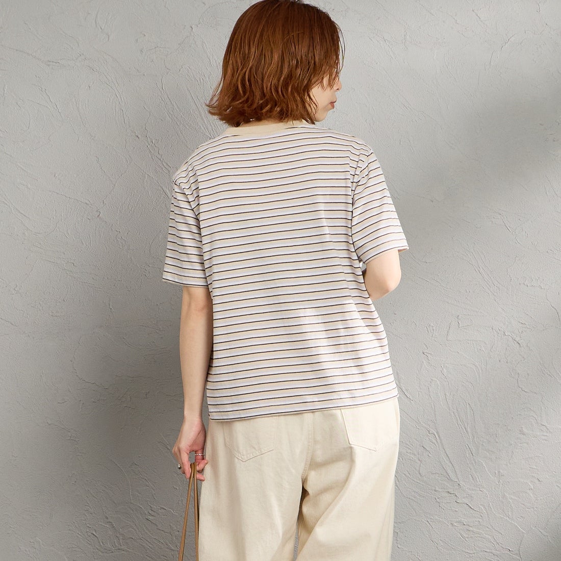 DANTON [ダントン] ショート丈 ストライプ半袖Tシャツ [DT-C0404CJJ] BEG/PURPLE &&モデル身長：158cm 着用サイズ：S&&