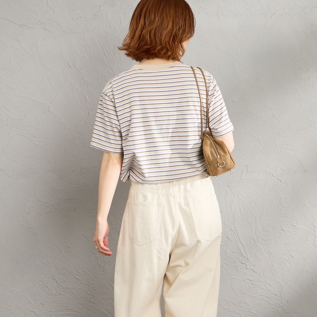 DANTON [ダントン] ショート丈 ストライプ半袖Tシャツ [DT-C0404CJJ] BEG/PURPLE &&モデル身長：158cm 着用サイズ：S&&