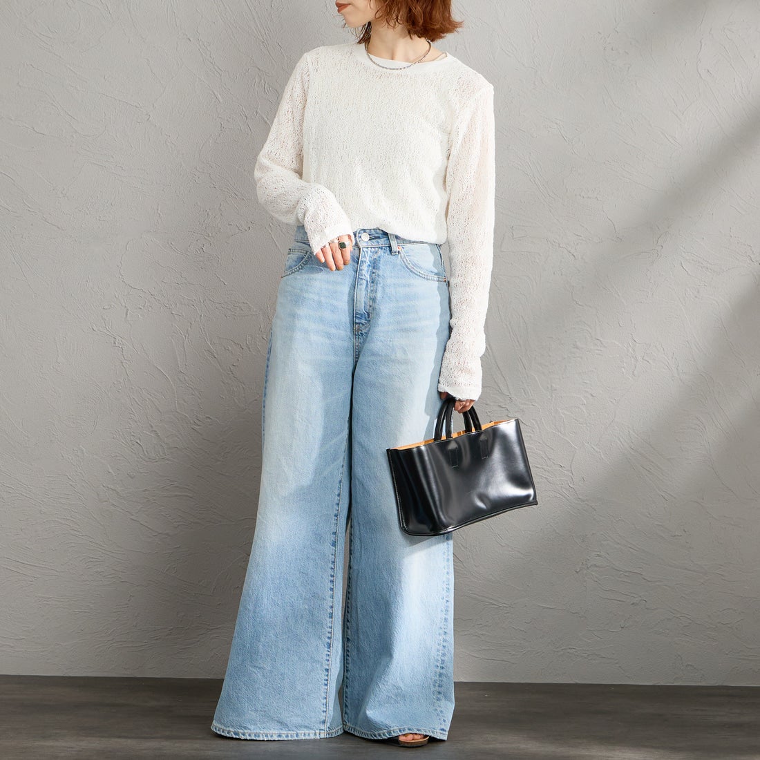 mizuiro ind [ミズイロインド] レースクルーネックTシャツ [1-210080] 11 OFF WHI &&モデル身長：158cm 着用サイズ：F&&