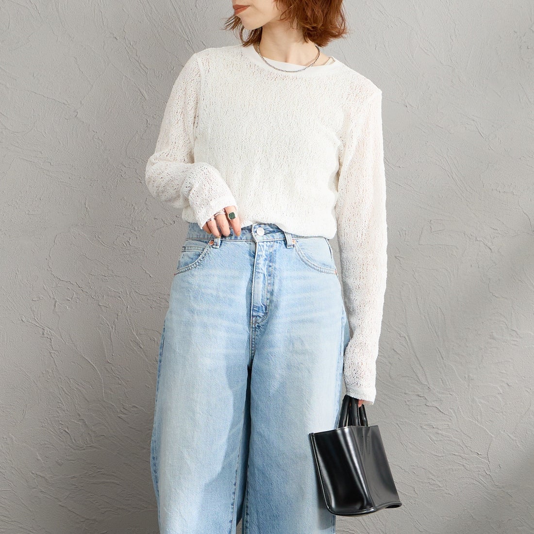 mizuiro ind [ミズイロインド] レースクルーネックTシャツ [1-210080] 11 OFF WHI &&モデル身長：158cm 着用サイズ：F&&