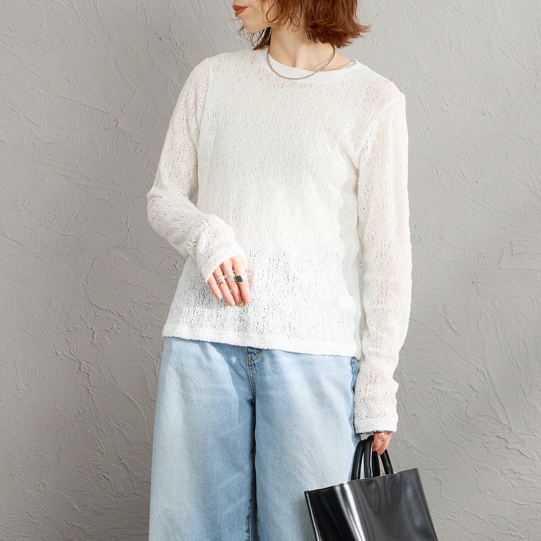 mizuiro ind [ミズイロインド] レースクルーネックTシャツ [1-210080] 11 OFF WHI &&モデル身長：158cm 着用サイズ：F&&