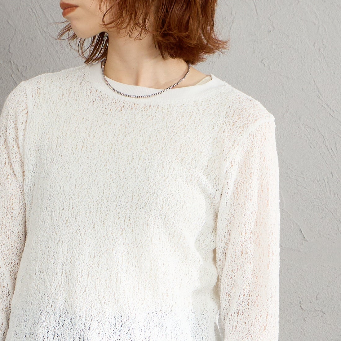 mizuiro ind [ミズイロインド] レースクルーネックTシャツ [1-210080] 11 OFF WHI &&モデル身長：158cm 着用サイズ：F&&