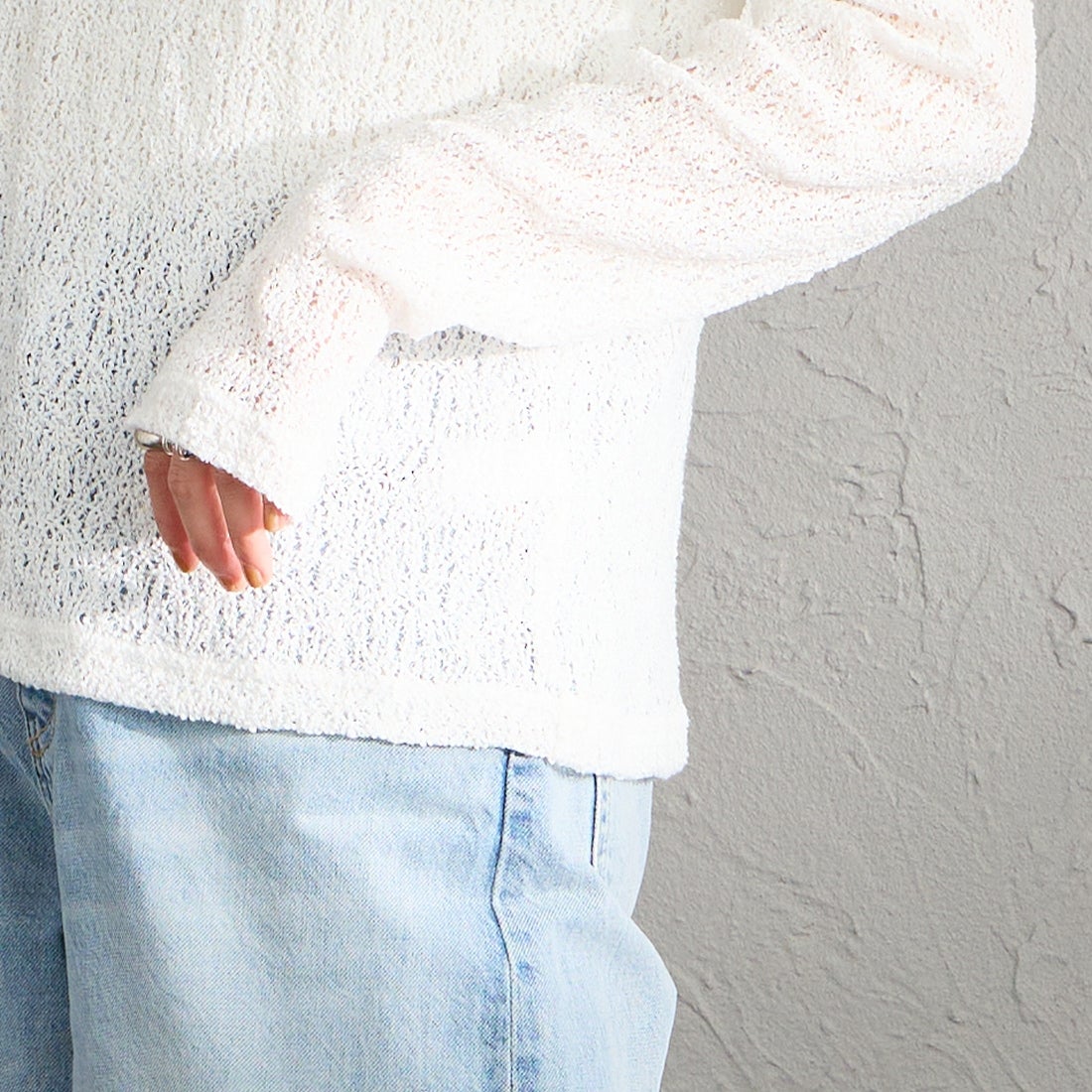 mizuiro ind [ミズイロインド] レースクルーネックTシャツ [1-210080] 11 OFF WHI &&モデル身長：158cm 着用サイズ：F&&