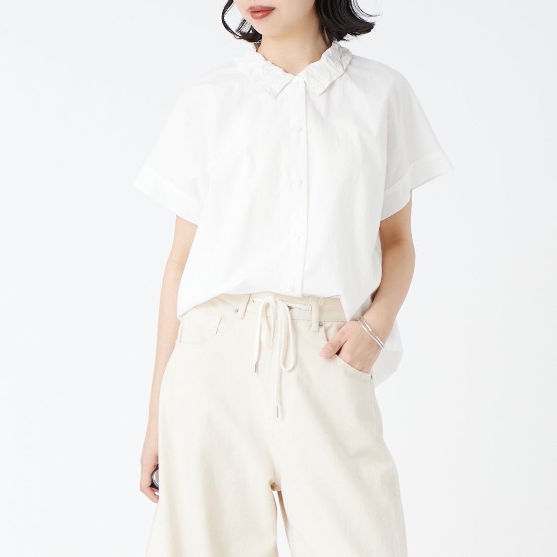 mizuiro ind [ミズイロインド] ワッシャーカラーワイドシャツ [1-230155] 11 OFF WHI &&モデル身長：162cm 着用サイズ：F&&