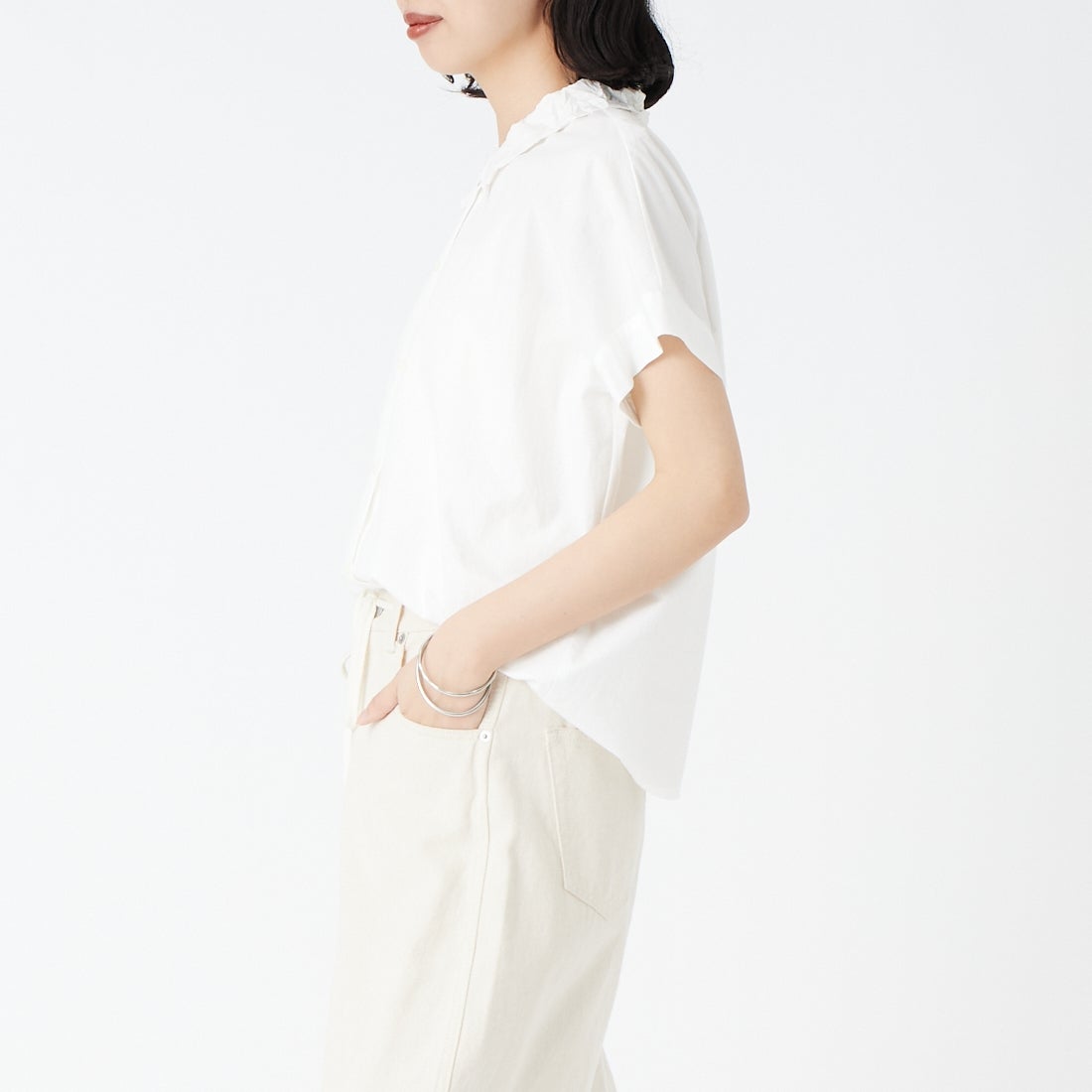 mizuiro ind [ミズイロインド] ワッシャーカラーワイドシャツ [1-230155] 11 OFF WHI &&モデル身長：162cm 着用サイズ：F&&
