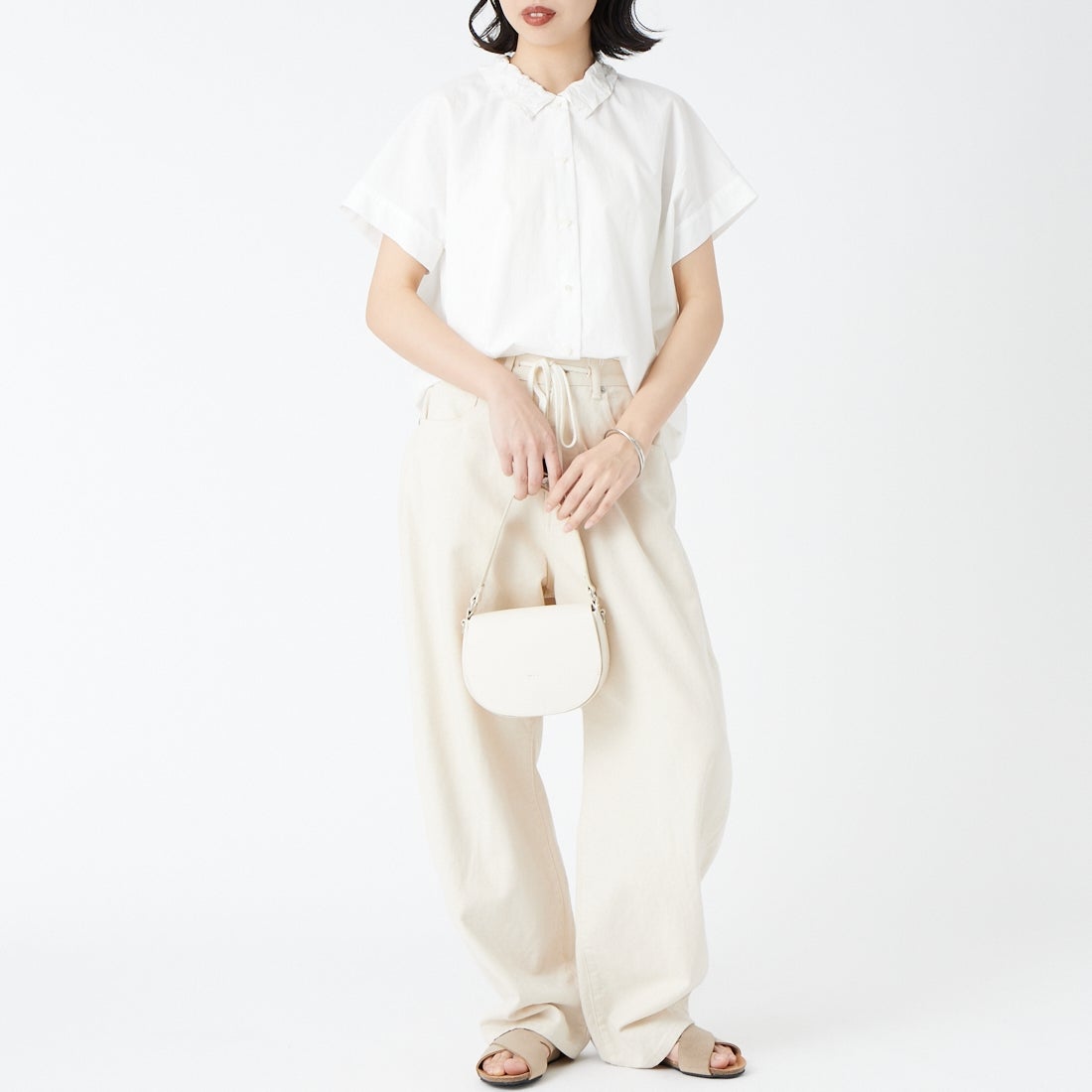 mizuiro ind [ミズイロインド] ワッシャーカラーワイドシャツ [1-230155] 11 OFF WHI &&モデル身長：162cm 着用サイズ：F&&