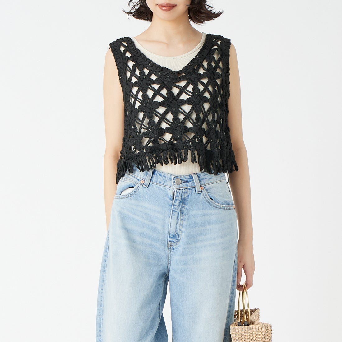 Jf Ready Made [ジェイエフレディメイド] マクラメロープベスト [151-15102] ﾌﾞﾗｯｸ &&モデル身長：162cm 着用サイズ：F&&