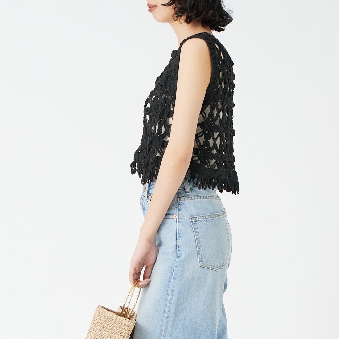 Jf Ready Made [ジェイエフレディメイド] マクラメロープベスト [151-15102] ﾌﾞﾗｯｸ &&モデル身長：162cm 着用サイズ：F&&