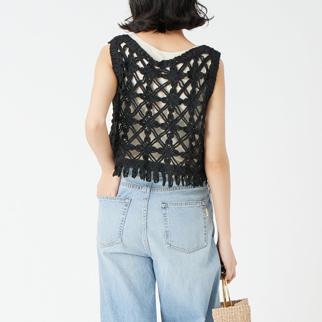 Jf Ready Made [ジェイエフレディメイド] マクラメロープベスト [151-15102] ﾌﾞﾗｯｸ &&モデル身長：162cm 着用サイズ：F&&