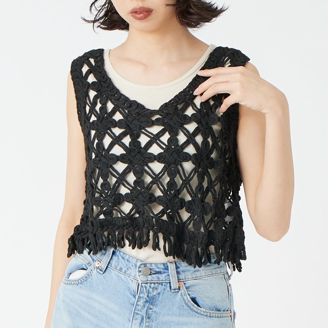 Jf Ready Made [ジェイエフレディメイド] マクラメロープベスト [151-15102] ﾌﾞﾗｯｸ &&モデル身長：162cm 着用サイズ：F&&