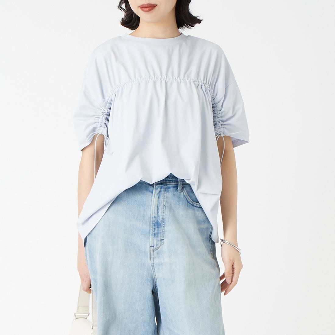 Jf Ready Made [ジェイエフレディメイド] TCシルケット2WAYTシャツ [3212103] 510 ｻｯｸｽ &&モデル身長：162cm 着用サイズ：F&&