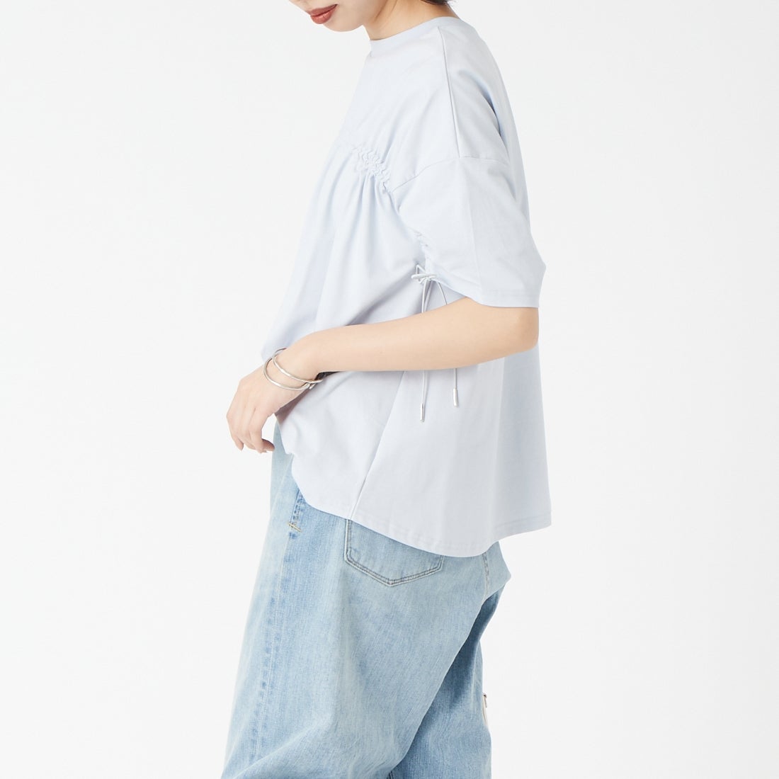 Jf Ready Made [ジェイエフレディメイド] TCシルケット2WAYTシャツ [3212103] 510 ｻｯｸｽ &&モデル身長：162cm 着用サイズ：F&&