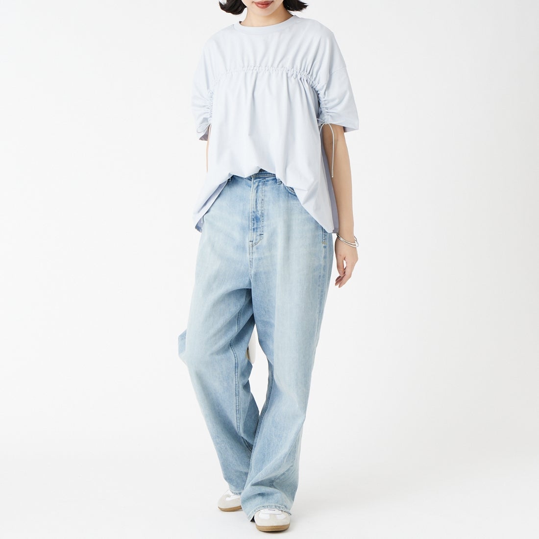 Jf Ready Made [ジェイエフレディメイド] TCシルケット2WAYTシャツ [3212103] 510 ｻｯｸｽ &&モデル身長：162cm 着用サイズ：F&&