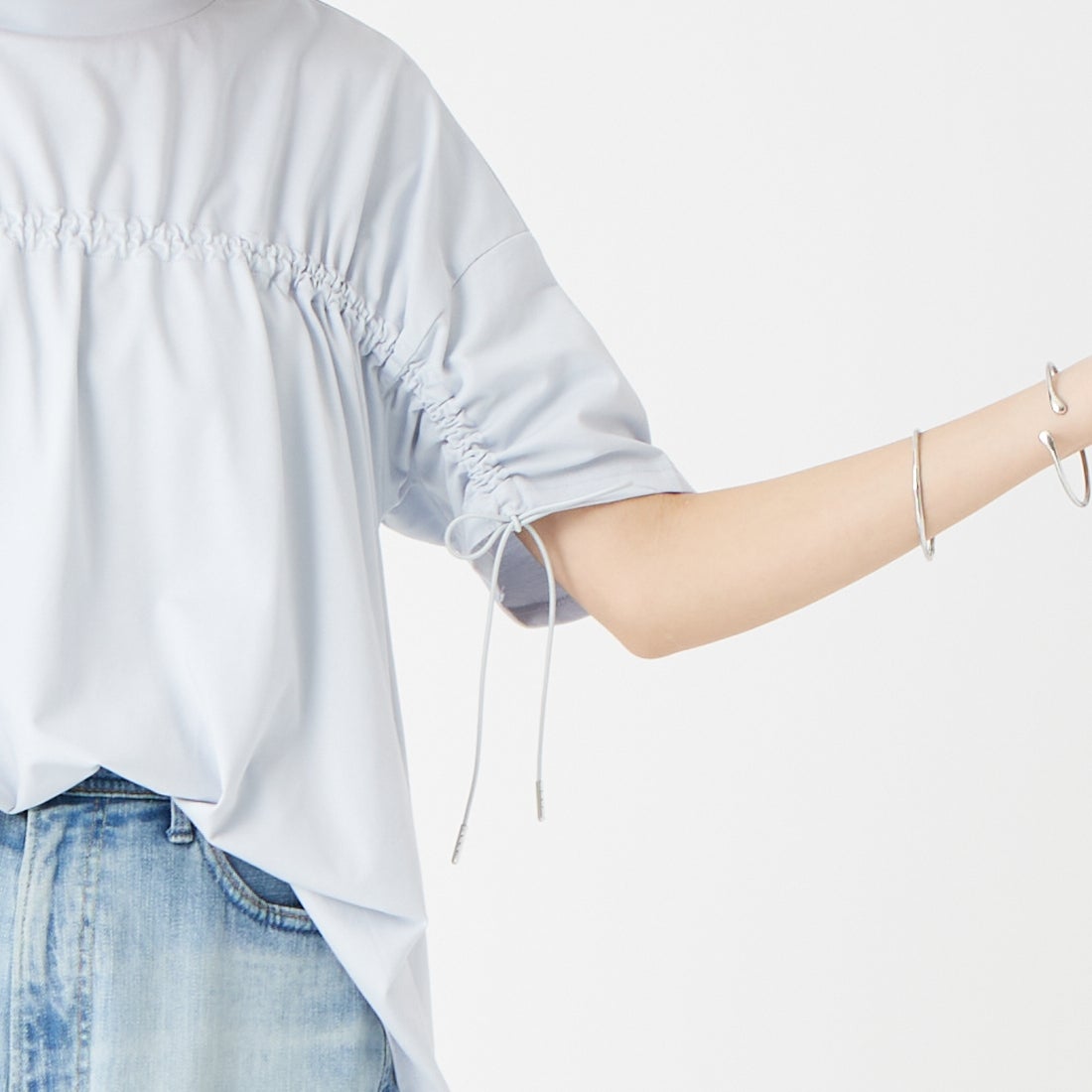 Jf Ready Made [ジェイエフレディメイド] TCシルケット2WAYTシャツ [3212103] 510 ｻｯｸｽ &&モデル身長：162cm 着用サイズ：F&&